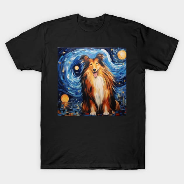 Rough Collie painted in Van Gogh Starry Night style T-Shirt by NatashaCuteShop